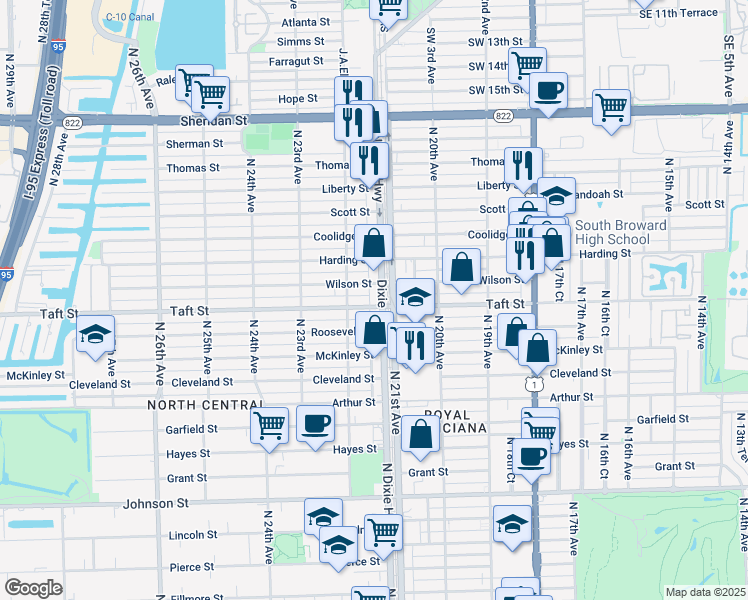 map of restaurants, bars, coffee shops, grocery stores, and more near 2057 Taft Street in Hollywood