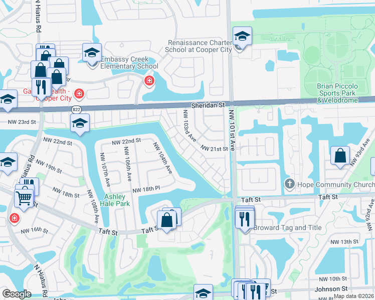 map of restaurants, bars, coffee shops, grocery stores, and more near 10350 Orange Court in Pembroke Pines