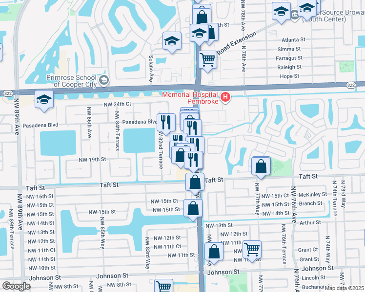 map of restaurants, bars, coffee shops, grocery stores, and more near 2041 Northwest 81st Avenue in Pembroke Pines
