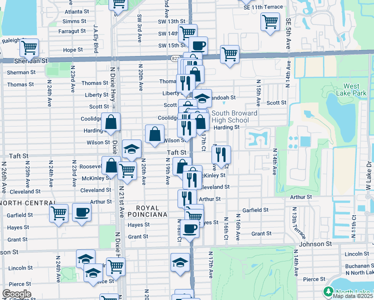 map of restaurants, bars, coffee shops, grocery stores, and more near 1700 North Federal Hwy in Hollywood