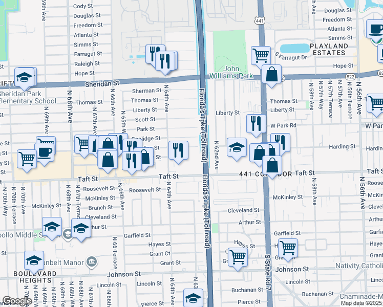 map of restaurants, bars, coffee shops, grocery stores, and more near 6281 Moseley Street in Hollywood