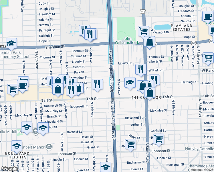 map of restaurants, bars, coffee shops, grocery stores, and more near 6281 Moseley Street in Hollywood