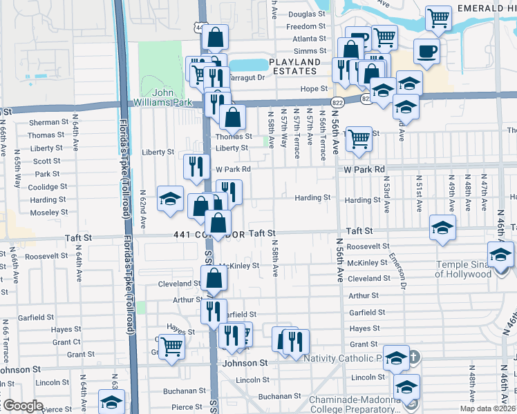 map of restaurants, bars, coffee shops, grocery stores, and more near 5819 Moseley Street in Hollywood