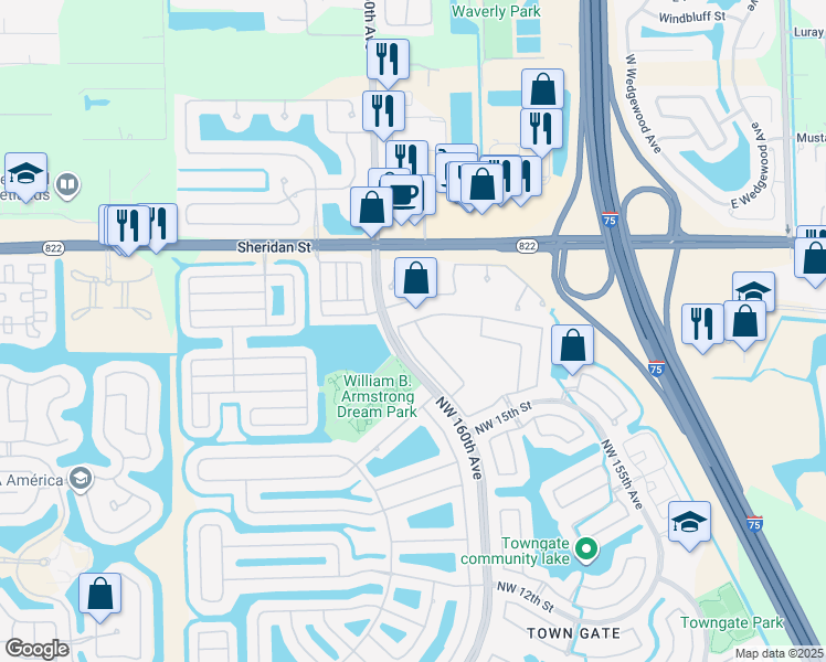 map of restaurants, bars, coffee shops, grocery stores, and more near 1588 Northwest 159th Avenue in Pembroke Pines