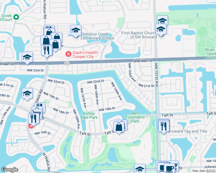 map of restaurants, bars, coffee shops, grocery stores, and more near 10411 Northwest 21st Street in Pembroke Pines