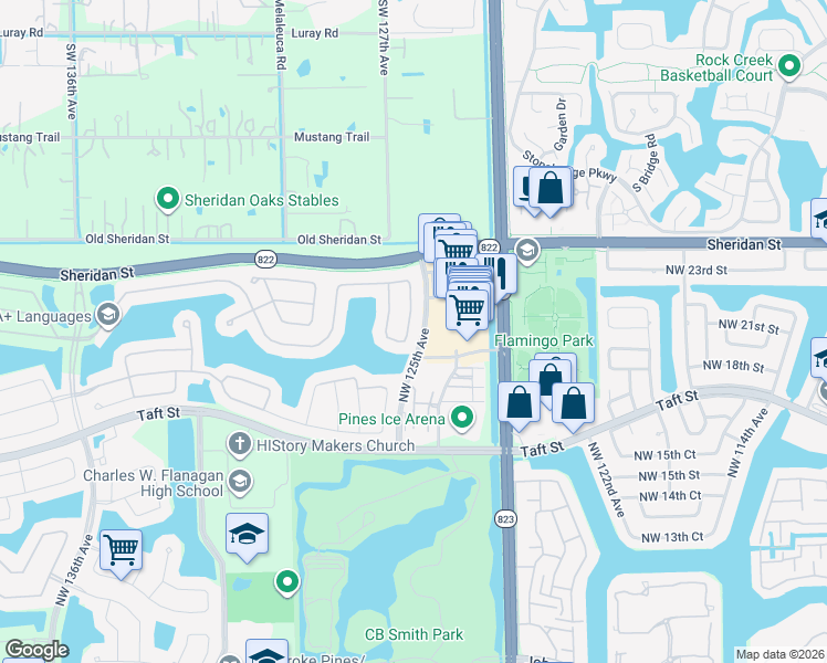 map of restaurants, bars, coffee shops, grocery stores, and more near 2051 Northwest 125th Terrace in Pembroke Pines