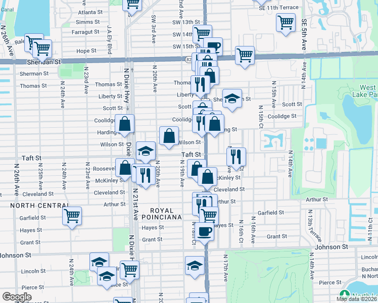 map of restaurants, bars, coffee shops, grocery stores, and more near 1853 Taft Street in Hollywood