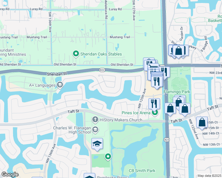 map of restaurants, bars, coffee shops, grocery stores, and more near 12830 NW 21st St in Pembroke Pines