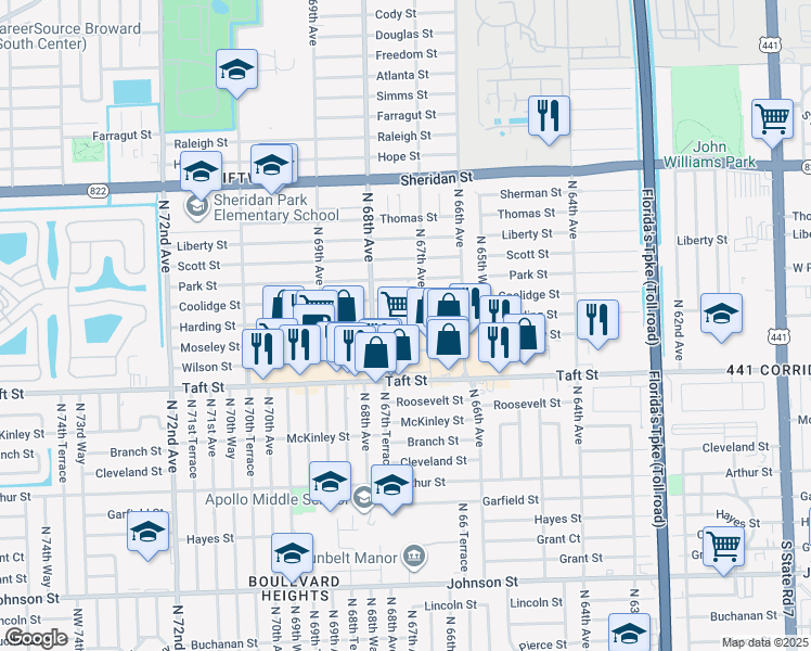 map of restaurants, bars, coffee shops, grocery stores, and more near 6730 Harding Street in Hollywood