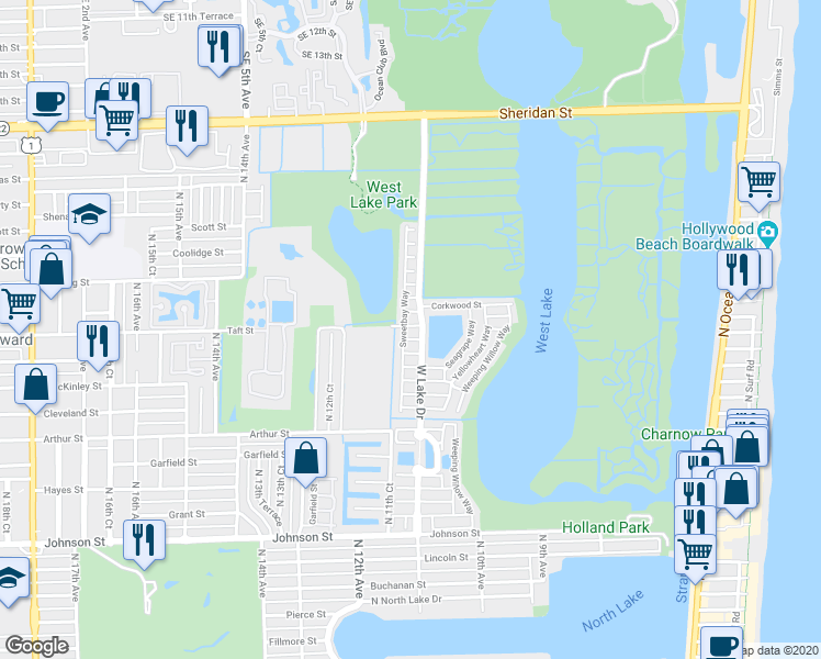 map of restaurants, bars, coffee shops, grocery stores, and more near 1130 Lemonwood St in Hollywood