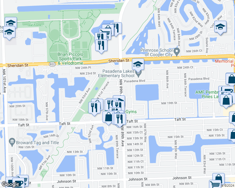 map of restaurants, bars, coffee shops, grocery stores, and more near 8966 Northwest 21st Street in Pembroke Pines