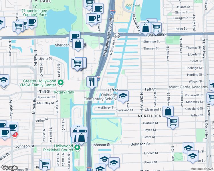 map of restaurants, bars, coffee shops, grocery stores, and more near 2761 Taft Street in Hollywood