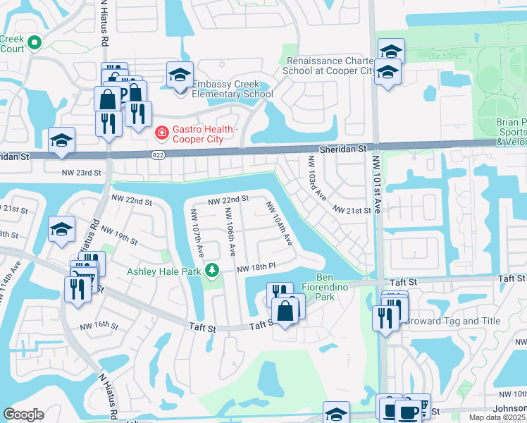 map of restaurants, bars, coffee shops, grocery stores, and more near 10411 Northwest 21st Street in Pembroke Pines