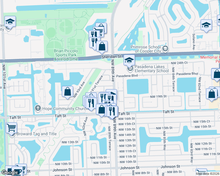 map of restaurants, bars, coffee shops, grocery stores, and more near 8966 Northwest 21st Street in Pembroke Pines