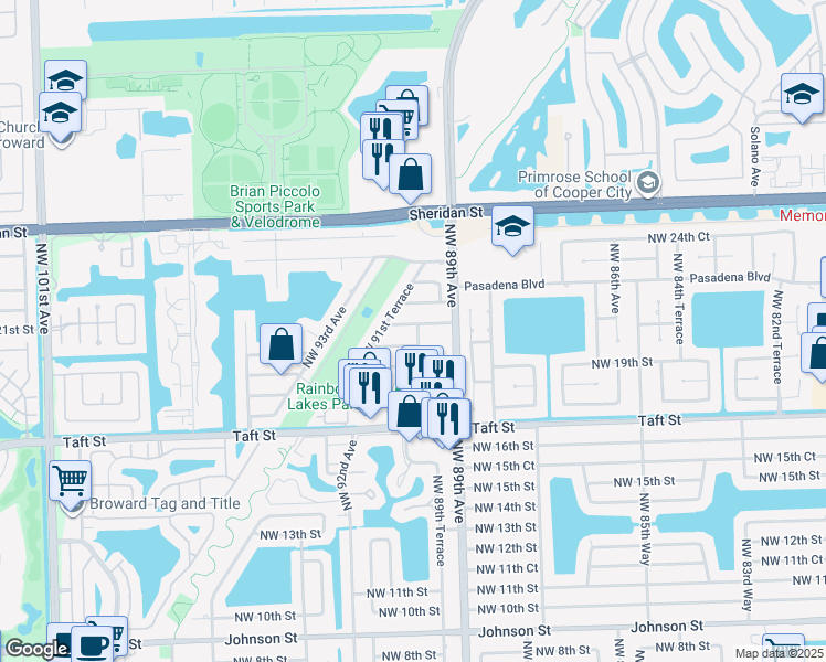 map of restaurants, bars, coffee shops, grocery stores, and more near 9020 Northwest 21st Street in Pembroke Pines