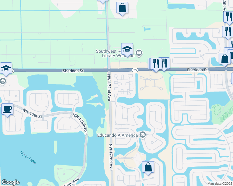 map of restaurants, bars, coffee shops, grocery stores, and more near 2198 Northwest 171st Terrace in Pembroke Pines