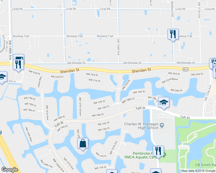 map of restaurants, bars, coffee shops, grocery stores, and more near 13731 Northwest 20th Street in Pembroke Pines
