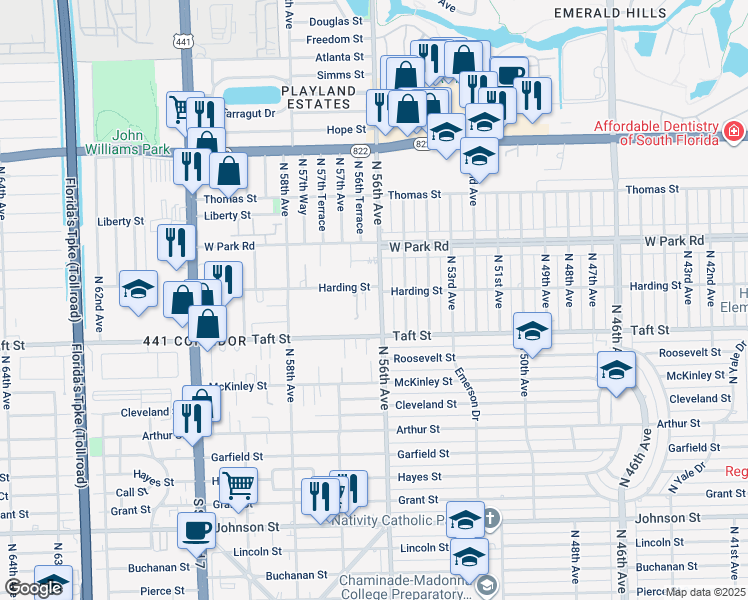 map of restaurants, bars, coffee shops, grocery stores, and more near 1840 North 56th Avenue in Hollywood