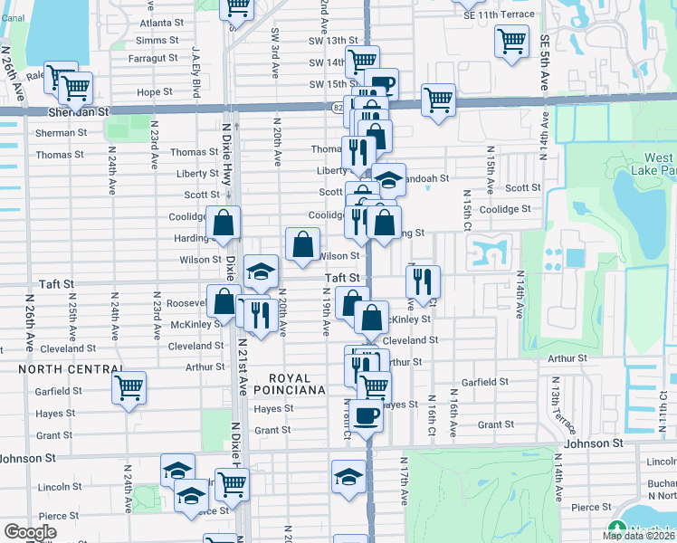 map of restaurants, bars, coffee shops, grocery stores, and more near 1853 Taft Street in Hollywood