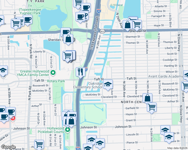 map of restaurants, bars, coffee shops, grocery stores, and more near 2761 Taft Street in Hollywood