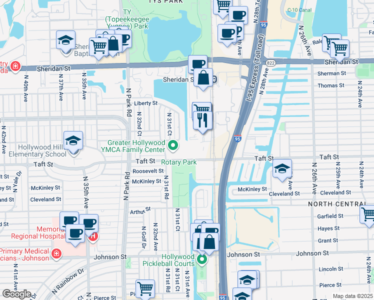 map of restaurants, bars, coffee shops, grocery stores, and more near 3081 Taft Street in Hollywood