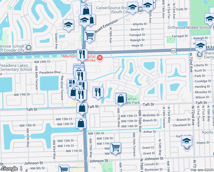 map of restaurants, bars, coffee shops, grocery stores, and more near 1808 Northwest 78th Way in Pembroke Pines