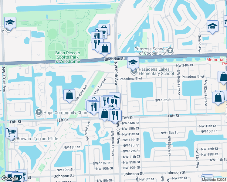 map of restaurants, bars, coffee shops, grocery stores, and more near 8966 Northwest 21st Street in Pembroke Pines