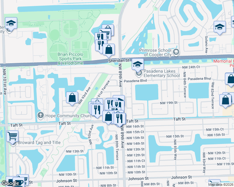 map of restaurants, bars, coffee shops, grocery stores, and more near 8966 Northwest 21st Street in Pembroke Pines