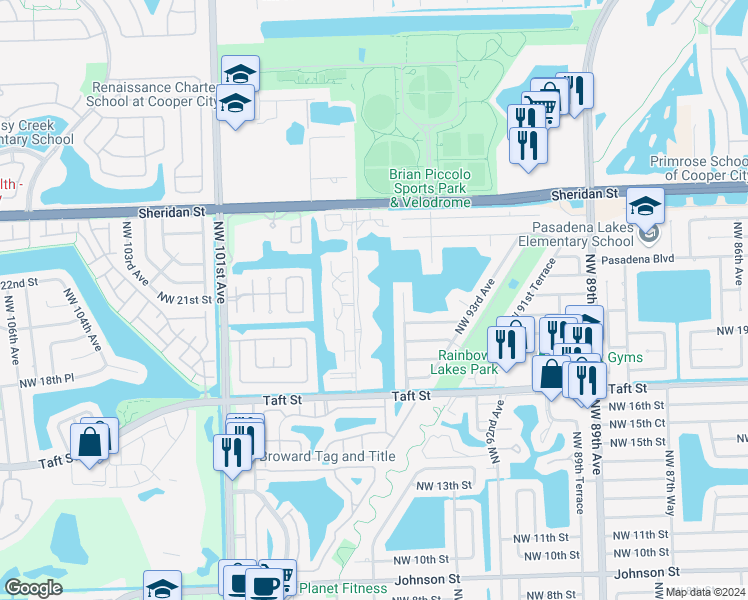 map of restaurants, bars, coffee shops, grocery stores, and more near 2151 Northwest 96th Terrace in Pembroke Pines