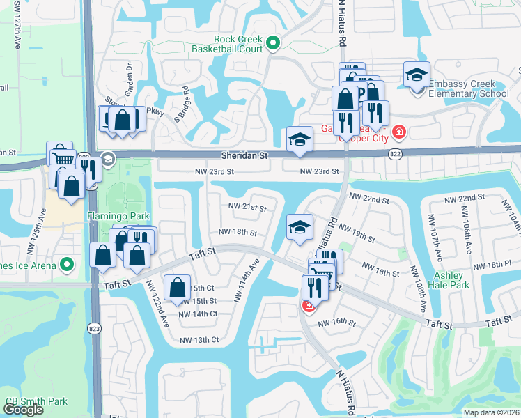 map of restaurants, bars, coffee shops, grocery stores, and more near 11500 Northwest 21st Street in Pembroke Pines