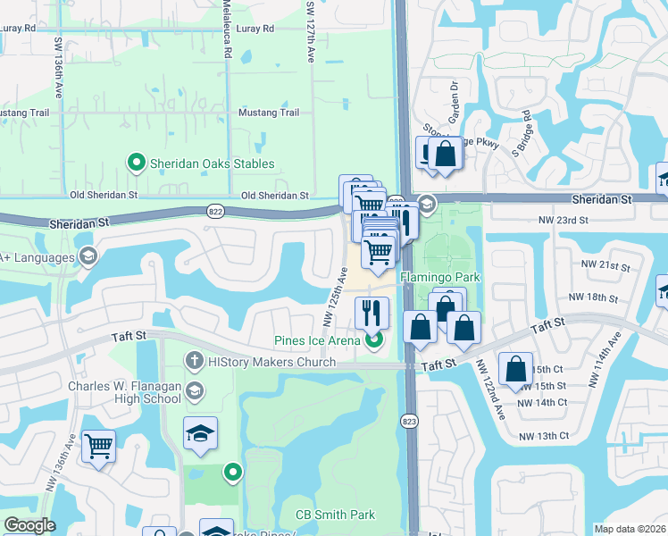 map of restaurants, bars, coffee shops, grocery stores, and more near 2051 Northwest 125th Terrace in Pembroke Pines