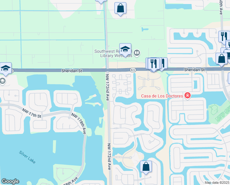 map of restaurants, bars, coffee shops, grocery stores, and more near 2198 Northwest 171st Terrace in Pembroke Pines