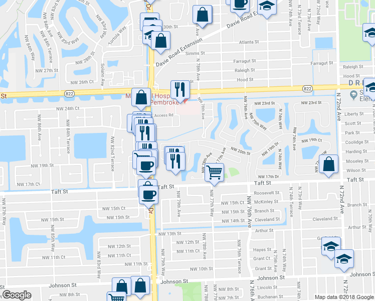 map of restaurants, bars, coffee shops, grocery stores, and more near 1808 Northwest 78th Way in Pembroke Pines