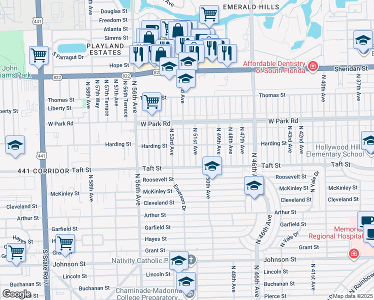 map of restaurants, bars, coffee shops, grocery stores, and more near 1821 North 52nd Avenue in Hollywood