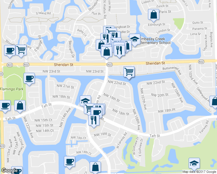 map of restaurants, bars, coffee shops, grocery stores, and more near 2010 Northwest 111th Terrace in Pembroke Pines