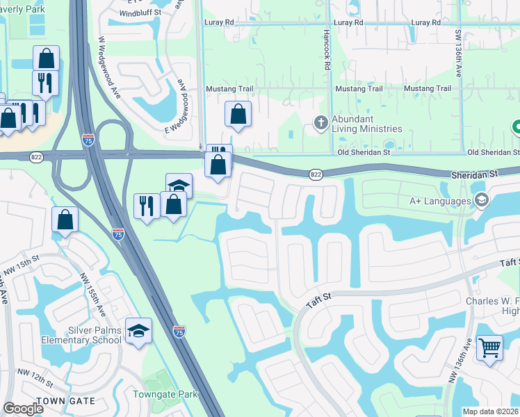 map of restaurants, bars, coffee shops, grocery stores, and more near 14226 Northwest 21st Street in Pembroke Pines
