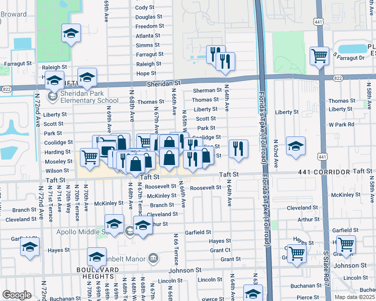 map of restaurants, bars, coffee shops, grocery stores, and more near 1918 North 65th Way in Hollywood
