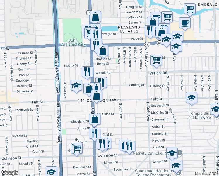 map of restaurants, bars, coffee shops, grocery stores, and more near 5819 Moseley Street in Hollywood