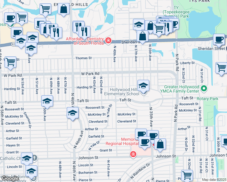 map of restaurants, bars, coffee shops, grocery stores, and more near 1806 North 40th Avenue in Hollywood