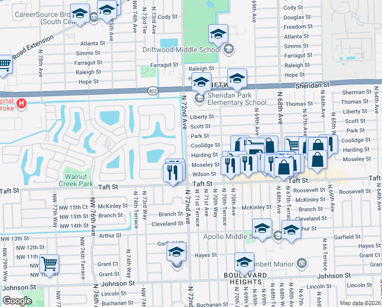 map of restaurants, bars, coffee shops, grocery stores, and more near 7181 Harding Street in Hollywood