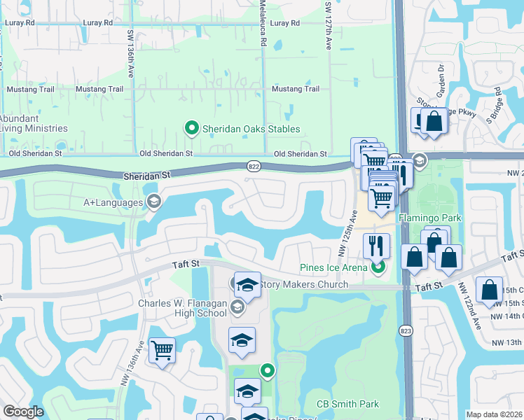 map of restaurants, bars, coffee shops, grocery stores, and more near 12830 Northwest 21st Street in Pembroke Pines
