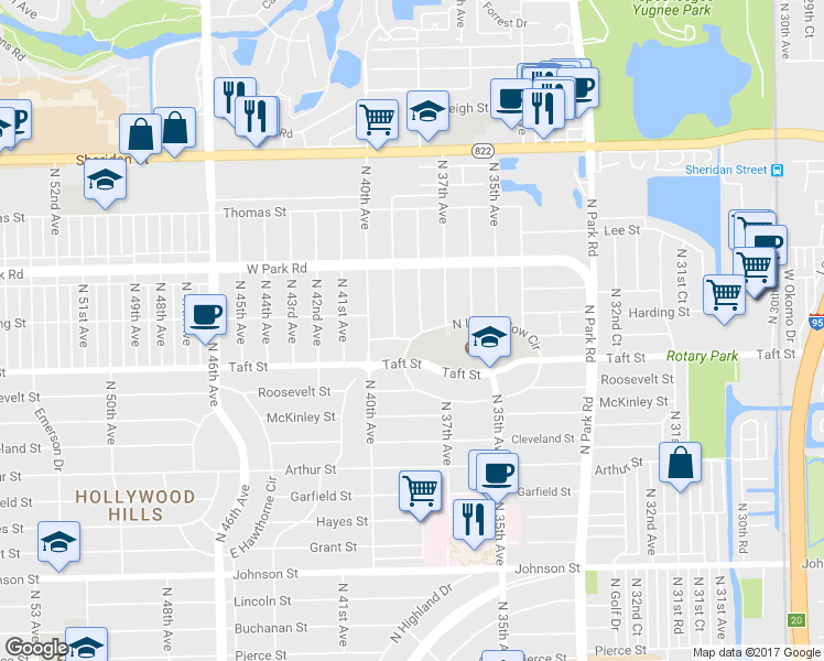 map of restaurants, bars, coffee shops, grocery stores, and more near 3801 North Longfellow Circle in Hollywood