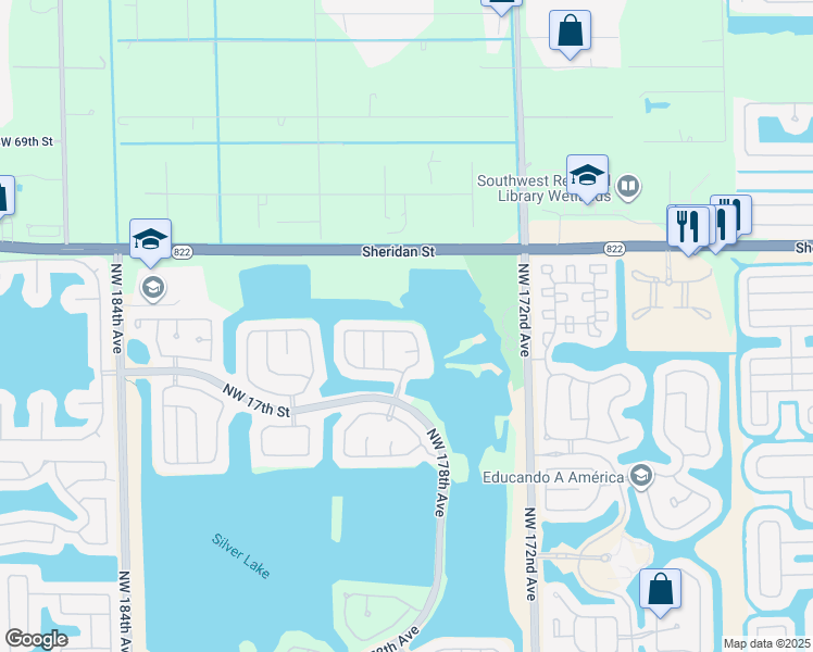 map of restaurants, bars, coffee shops, grocery stores, and more near 17815 Northwest 21st Street in Pembroke Pines