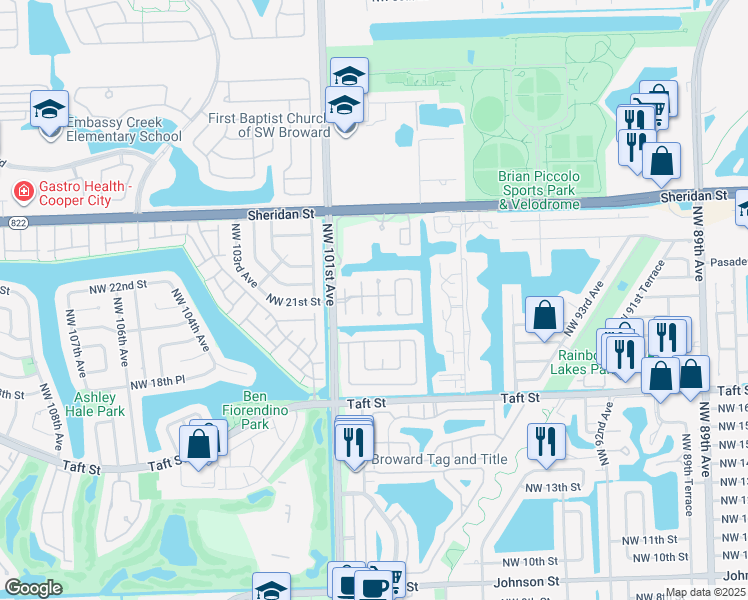 map of restaurants, bars, coffee shops, grocery stores, and more near 2090 Northwest 99th Avenue in Pembroke Pines