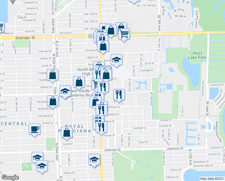 map of restaurants, bars, coffee shops, grocery stores, and more near 1719 Taft Street in Hollywood