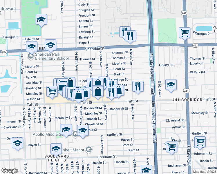 map of restaurants, bars, coffee shops, grocery stores, and more near 1918 North 65th Way in Hollywood