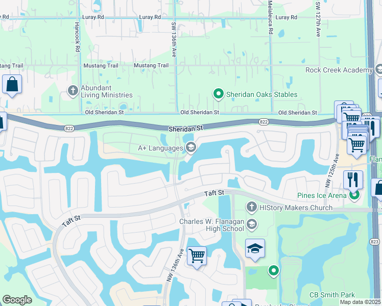 map of restaurants, bars, coffee shops, grocery stores, and more near 13194 Northwest 23rd Street in Pembroke Pines