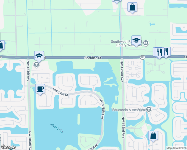 map of restaurants, bars, coffee shops, grocery stores, and more near 17815 Northwest 21st Street in Pembroke Pines