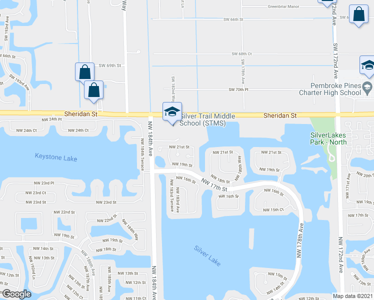 map of restaurants, bars, coffee shops, grocery stores, and more near 2021 Northwest 182nd Terrace in Pembroke Pines
