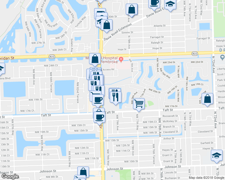 map of restaurants, bars, coffee shops, grocery stores, and more near 7967 Northwest 19th Court in Pembroke Pines